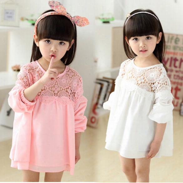 Fashion Kidsgirl's O-neck Long Sleeve Lace Stitching Hollow Oout 2 Layers Hiffon Ddess