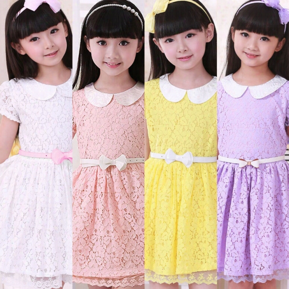 Fashion Kids Girl's Wear Short Sleeve Doll  Collar Lace Mini Dress With Belt