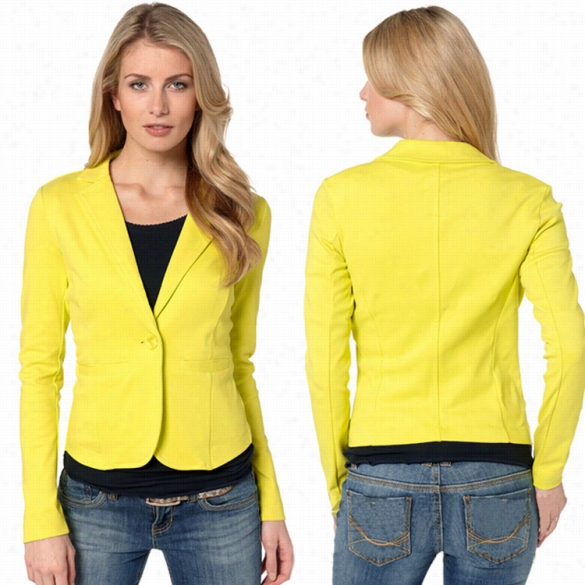 Fashion Lwdies Turn -down Neck Long Sleeve One Button Casual Slim Blazer Coat Yellow