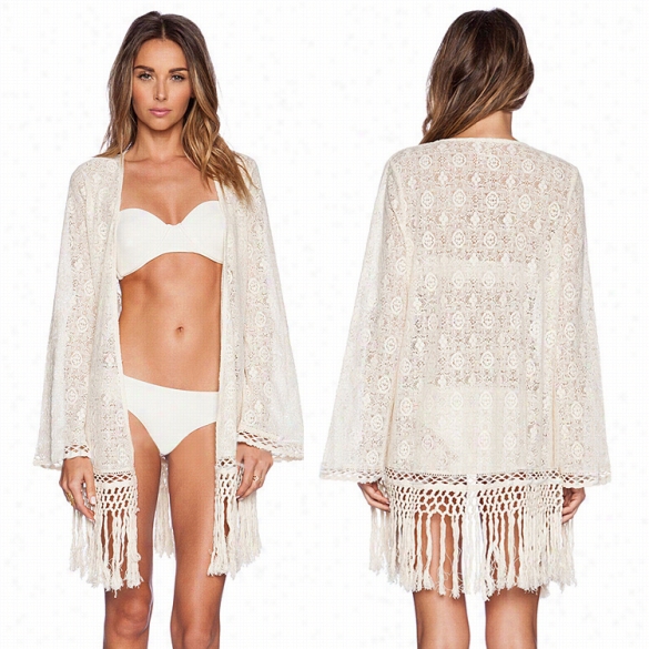 Fashion Ladies Women Hollow Abroad Long Sleeve Fringe Decoration Cardigan Beach Swimwaer Bikini Cover Up