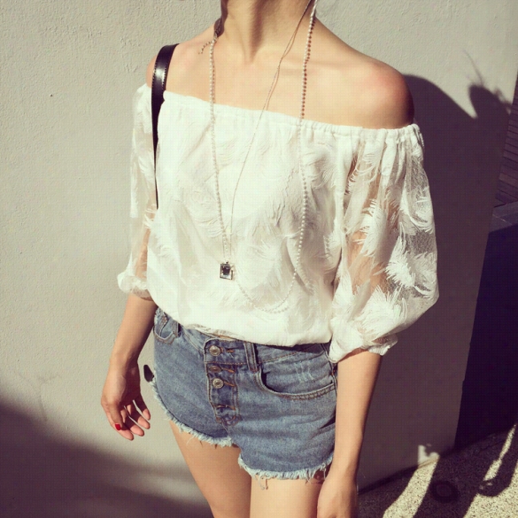 Fashion Ladies Women Offf Shoulder Slash Neck Feather Pattern Casual Blouse Tops