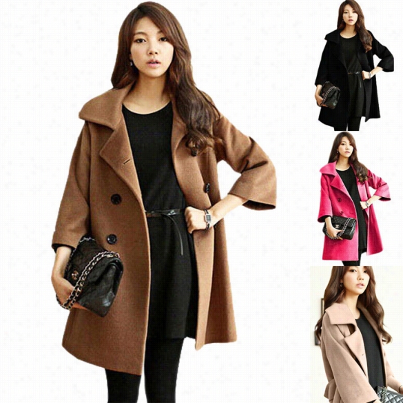 Fashion Lady Women's Wool Blend V-neck Coat Outwear Double-breasted Coat Jacket