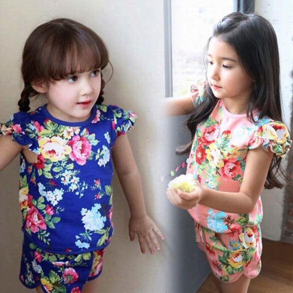 Fashion Summer Kids Girls Floral O-neck Cap Sleeve T-shirt Tops Elastic Wzist Pocket Shorts Two Ppiece Set