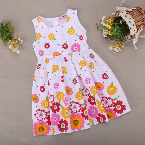 Fashion Summer Kids Girls Sleeveless High Waist Align O-neck Floral Bow Pleatedsundress