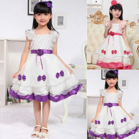 Fashion Summer Kids Girl Ssleeveless High Waist Splice Dress Polka Dot Organza Bow Layer Dres