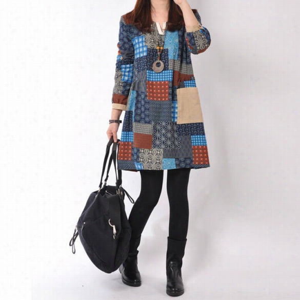 Fashion Women Cot Ton &amp; Linenprinted Plaids Patchwork Loose Fit Dress Top