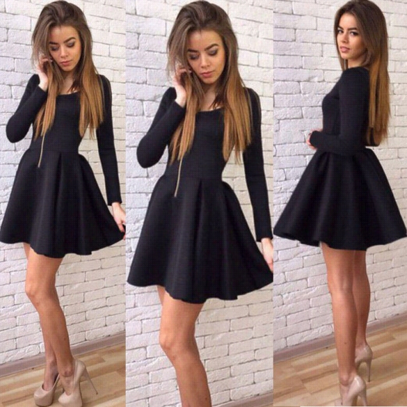 Fashion Women Lady Long-winded Sleeve O Neck Strong-flavored Waist Casual Party Pleated Mini Dress Black