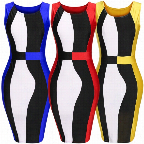 Fashion Women Sleeveless O Neck High Waist Color Patchwork Knee  Length Sexy Bodycon Casual Party Clothes