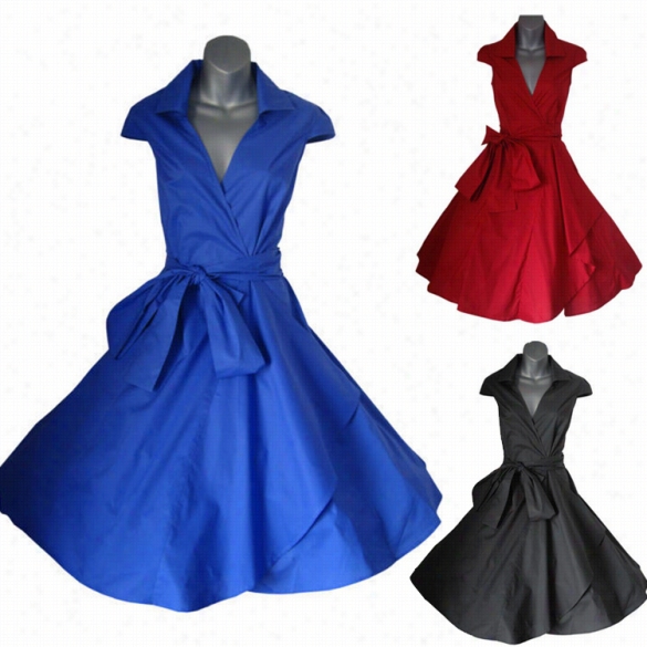 Fashion Women V-neck High Waist Cap Sleeve Dress Solid A-lin E Party Swing Dress