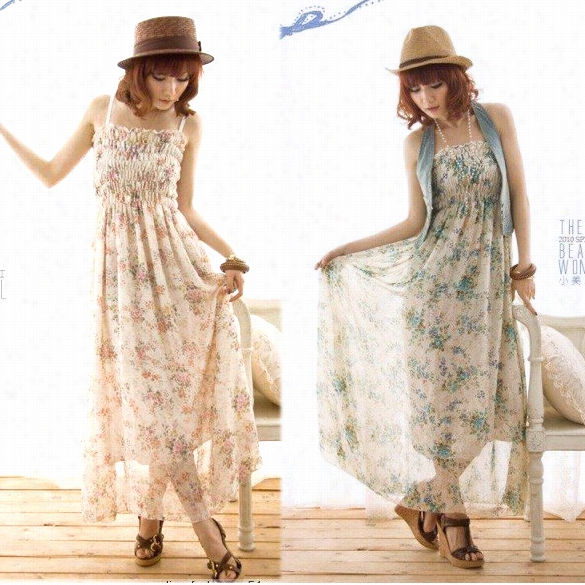 Fashion Women's Boho Exotic Ummer Chiffon Floral Prints Causal Long Dress Two Color