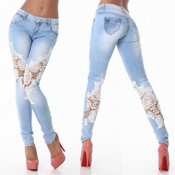 Fashion Women's  Slim S Kinny Lace Crochet Stretch Denim Jeans Pats Trousers