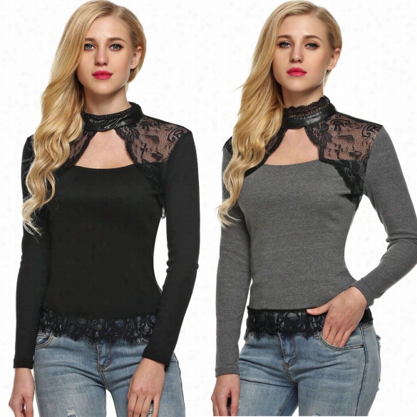 Finejo Ladies Women Difficulty Collar Long Sleeve Hole Lace Splicing  Slim Casual Top Blouse