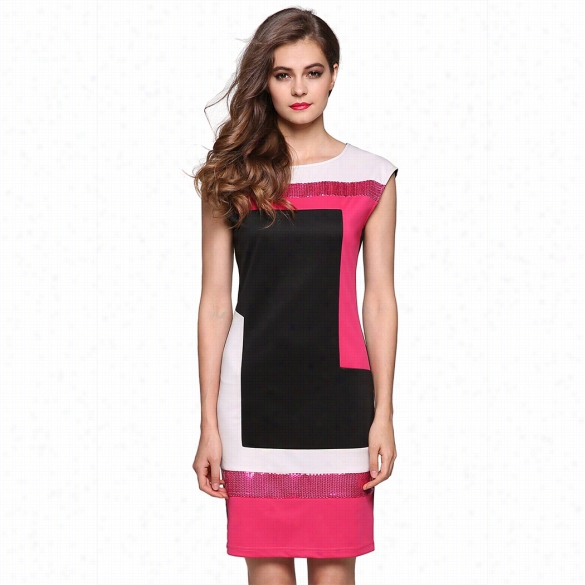 Fienjo Women Fsahion Sexy Slim Geometrical Patchwork Contrast Colorsequin Pencil Suddenly Dress