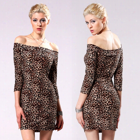 High Qualityy New Srylish Ldy Women Fashion Sey Leopare Off Shoulder Slim Dress