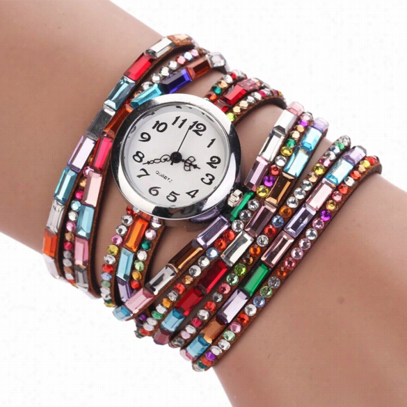 Hot Fashion Women Retro Beads Synthetic Leather Strap Watch Bracelet Wristwatch