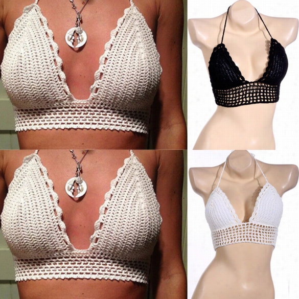 Hog Fashion Women Sexy V-neck Halter Knit Crochet Hlolow Out Lace Up Swimwear Beach Bikini Tops