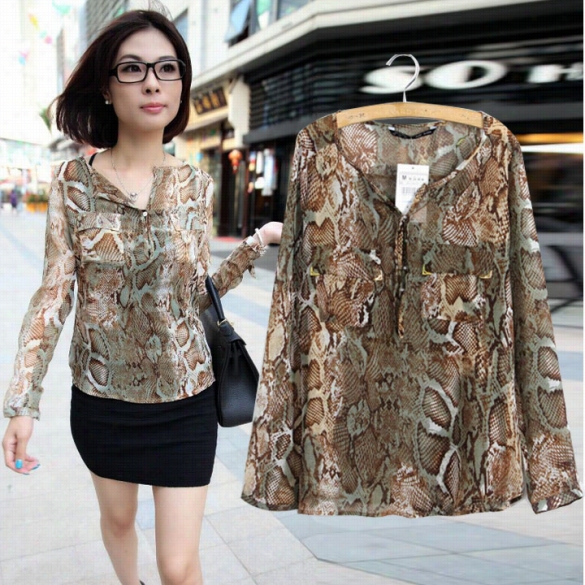 Hot Sey Wome'ns Snake Rpint Shirt Log Sleeve Endure  Chiffon Blouses Shirt S M L