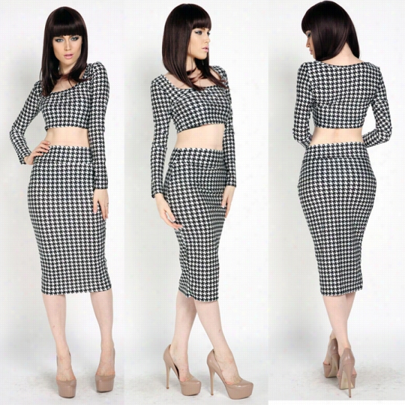 Hot Women Bodycon Houndstooth Plain Print 2 Piece Crop To Pdress Sexy Dresses