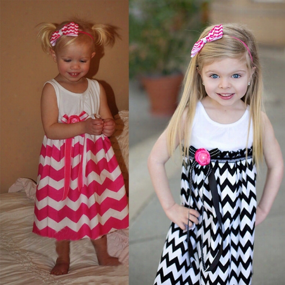 Kids Giirl Fashion Wear Cute Round Neck Sleeveless High Waist Patchwork Bow Wave Stripe Dress