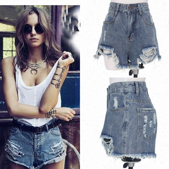 Korsan Fashion Women's Holes Blue Denim Shorts Casual Leisure Sports Sexy Ejans