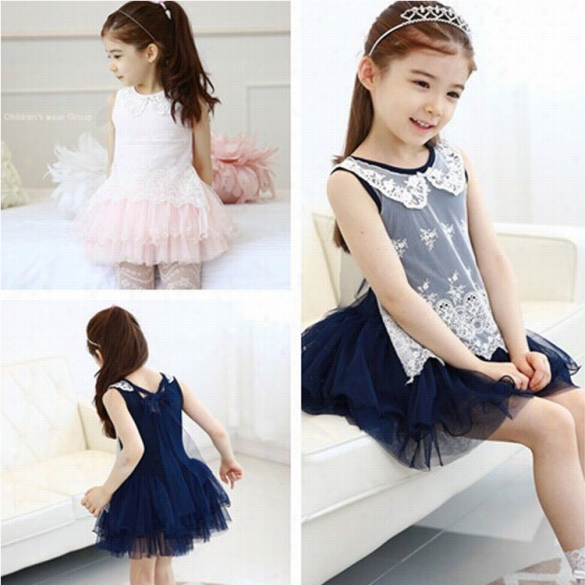 Korean Style Fashion New Baby Kids Grl Children's Sleeveless Laapel Mesh Lace Dress