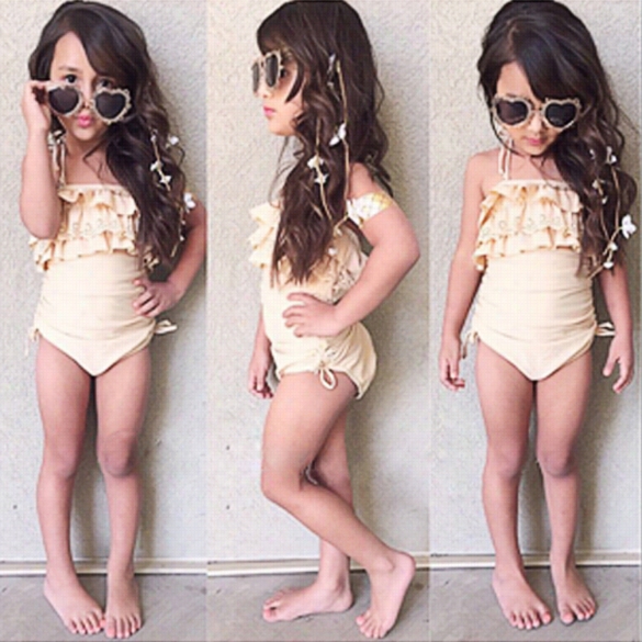 Korean Style Fashion New Baby Kids Girl Children's Sleeveless Halter Swimwear Beachwear One-piece