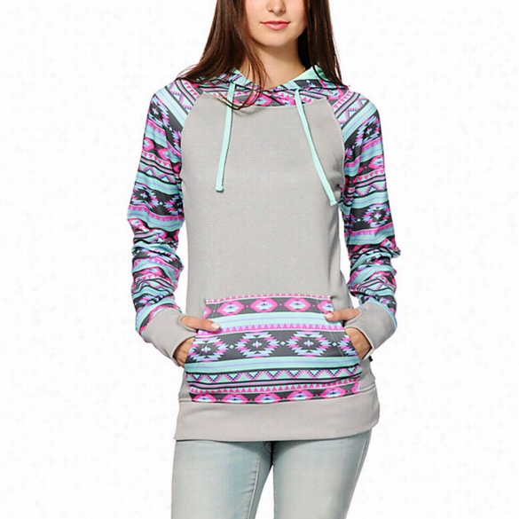 Korean Stylish Ladies Women Geometric Prnt Patchwork Splicing Hoodie Scasual Leisure Pullover Sweatershirt