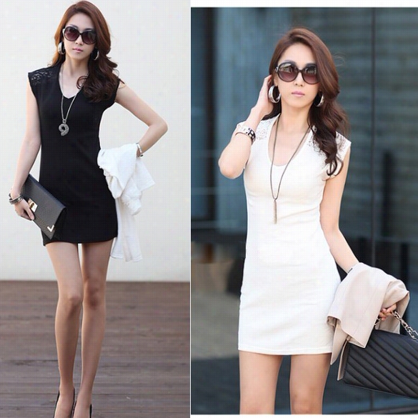 Korean Women Lace Splice  Slim Mini Dress Sexy V Neck Sledveless Reach Bbodycon