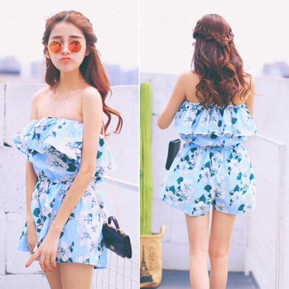 Lady New Fashion Sstylish Women Chiffon Flower Pattern Strapless Jumpsuit