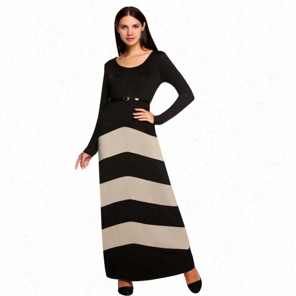 Meaneo Relegant Stylish Ladies Women Casual Longg Sleeve High Waist Stripe Full Length Party Evwning Ress