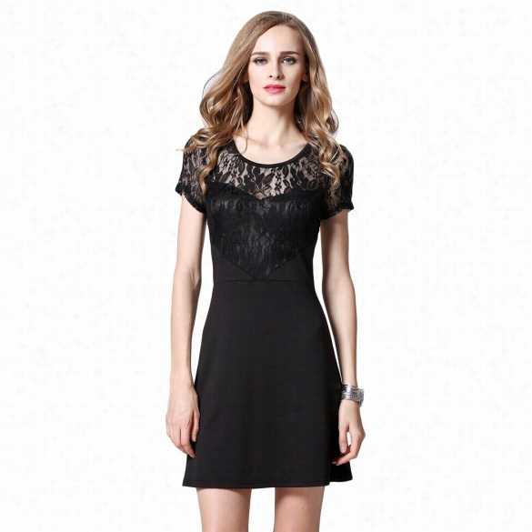 Meaneor Sexy Ladies Women Short Sleeve Lace Floral Patchwork Back Hollow Slom Ca Sual  Club A-line Dress