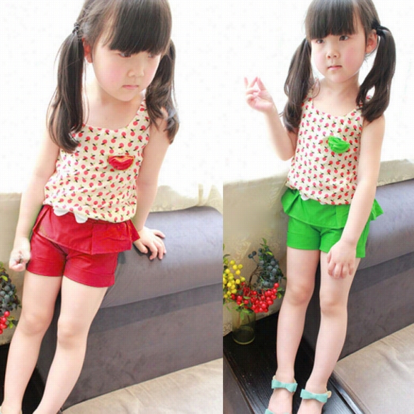 New 2pcs Girls Wear  Lovely Fruit Print Sleeveless Elasticstrap Tank Top And Solid Fashionn Shorts With Bow Decor