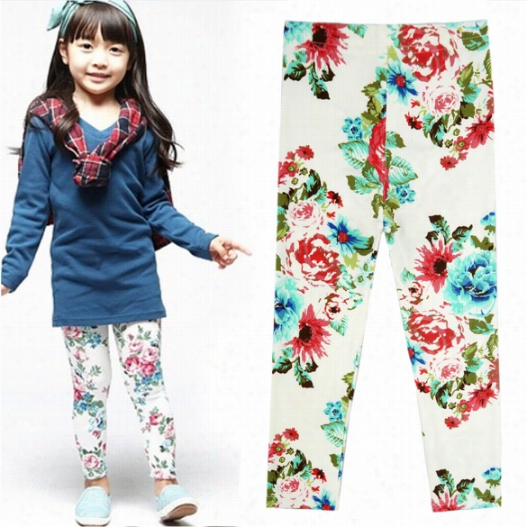 New Cute Kids Girls Fashion Flowers Pritn Skinny Pants Bottoms Leggings