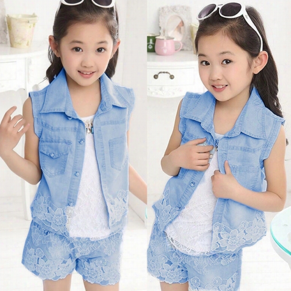 Neww Cute Kids Girls Two Pieces Cool Turn-down Collar Sleeveless Lace Pathcwork Vest Tank Tpo And Shorts