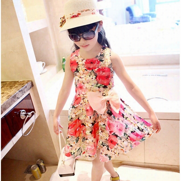 New Fashion Girl Kids Lovely Floral O-neck Sleeveless Boow-kont Sundress