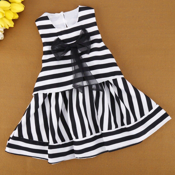 New Fashion Korean Sweet Kids Girls Seeveless Stroke  Print Splicing Bow Dress