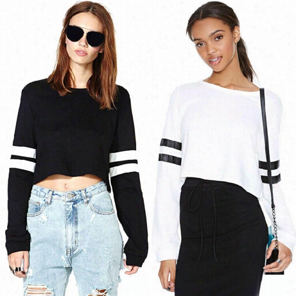 New Fashion Lady Women's Casual Lon G Slevee O-neck Striped Crop Tops