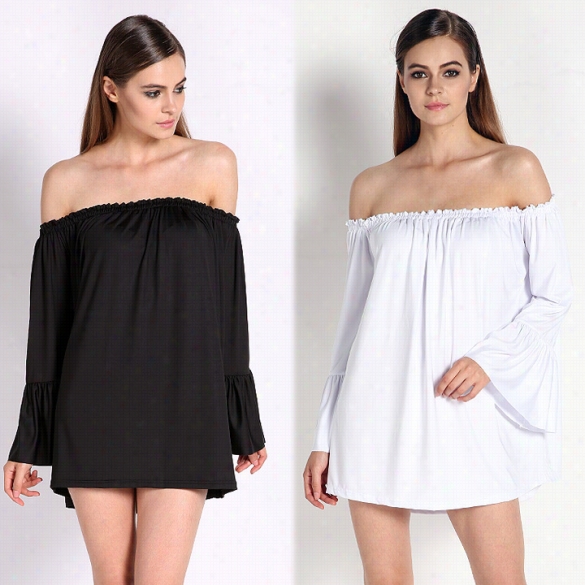 New Fashion Resort Solid Ruffle Sleeve Off Shoulder Mini Dress Blouse Long  Tops Shirts Cami