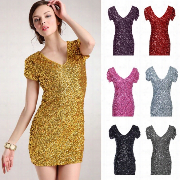 New Fashion Sexy Women's Short Sleeve V-neck Sequin Bodycon Party Mini Dress