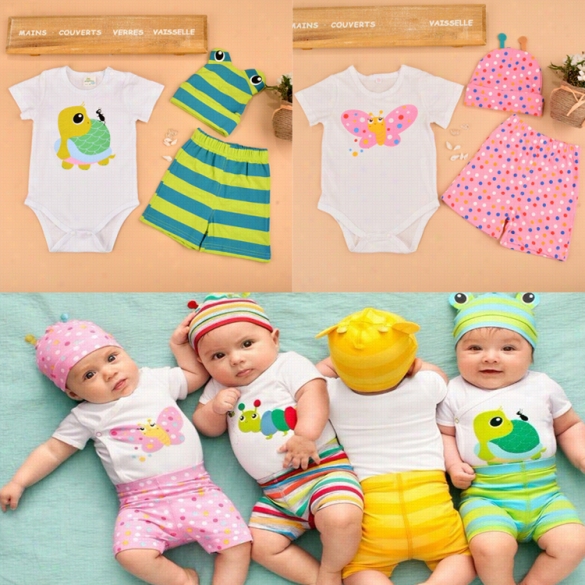 New Fashion Summer Cute Infan T Bqby 3 Pirce Set Dress Bodysuit"shorts"hat