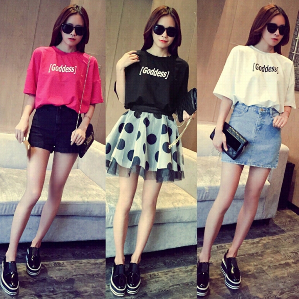 New  Fashion Women O-neck Short Sleve Le Tters Prin T Loose Casual T-shirt