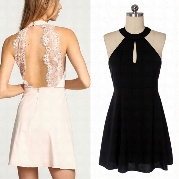 New Fashion Women Sexy Halter Bakclesss Hiigh Waist Hoollow Lace  Patchwork Solid A-line Short Ress