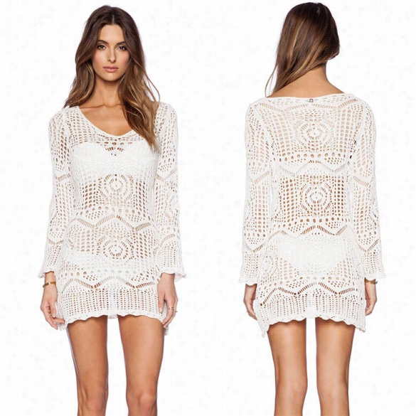 New Fashion Women Sexy O-neck Long Sleefe Crochet Hollow Out Ebachwear Bikini Cover Up Dress