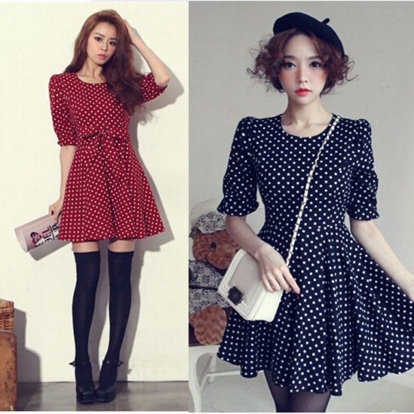 Repaired Fashion Women Suddenly Sleeve Party Polka Dot Print Retro Casual  Dress