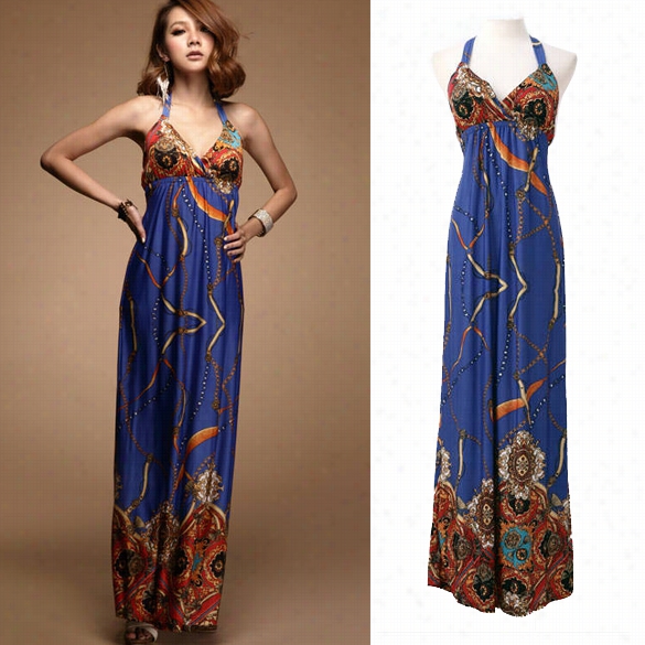 New Form W Omen's Bohemian Hawaiian V-neck Long Beach Dress Sundress Summer