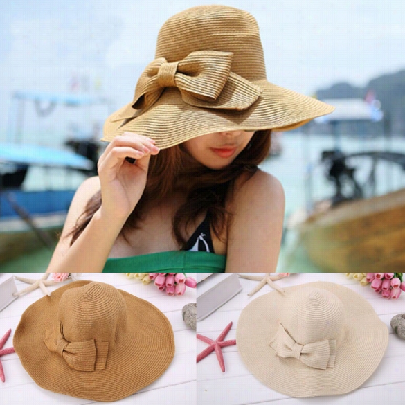 Nea Fashion Women's Foldable Wiide Brim Bowknot Decoration Beach Straw Haf Cap