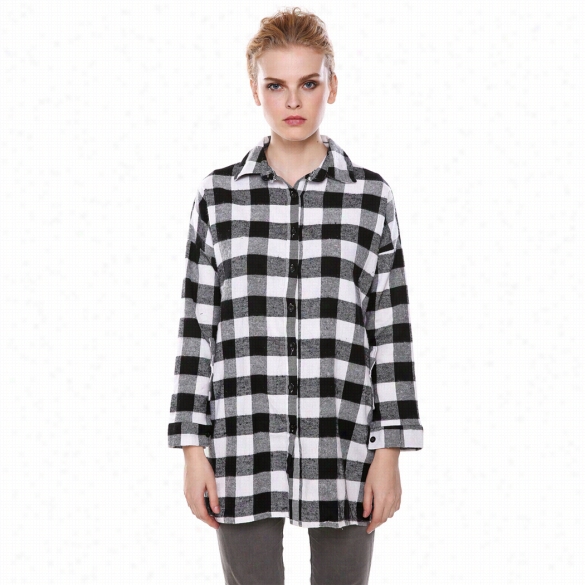 New Fashion Women' S Leisure Black&amp;white Plaid Lose Long  Blouse Tops Check Shirt