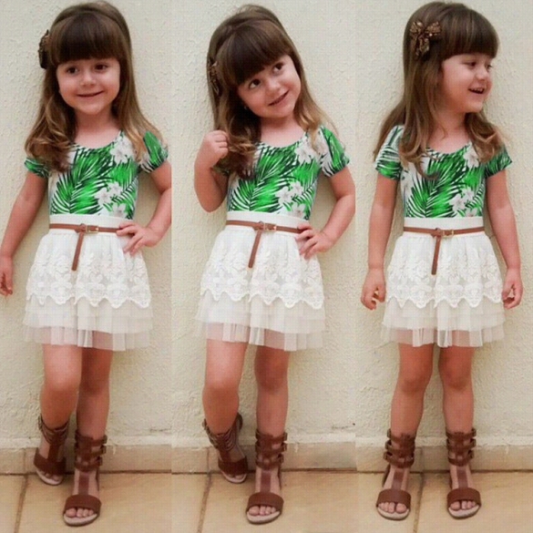 New Kids Girl Wear Casual Two Pieeces T Shirt Tops And Lace Ksir Tset
