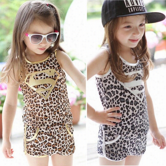 New Kids Lass's Korean Style Two Pieces Leopard Pirnted Tank Tops And Shorts Outfits Sets