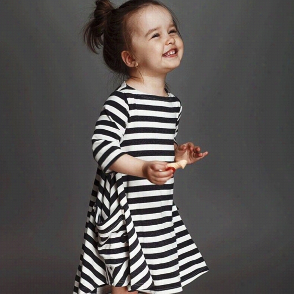 New Kids Girls Nighty Dress Casual O-neck 3"4 Sleeve Striped Pockets Loose A-line Dres S